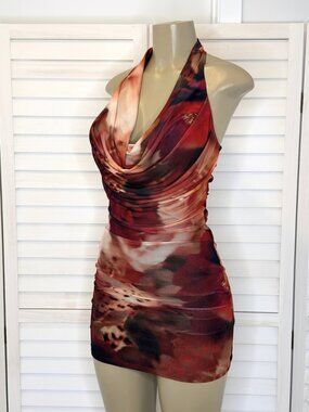 Chocolate USA Abstract Print Cowl Neck Halter Mini Dress